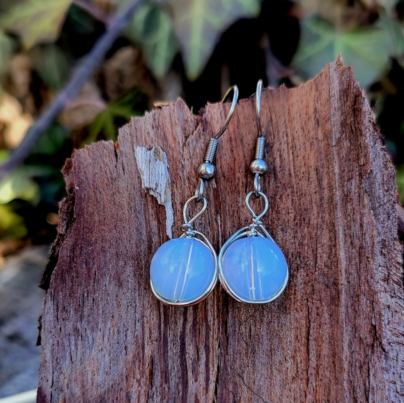 Earth Art hand crafted artisan Jewelry - Wire Wrapped Opalite Stone Drop Earrings